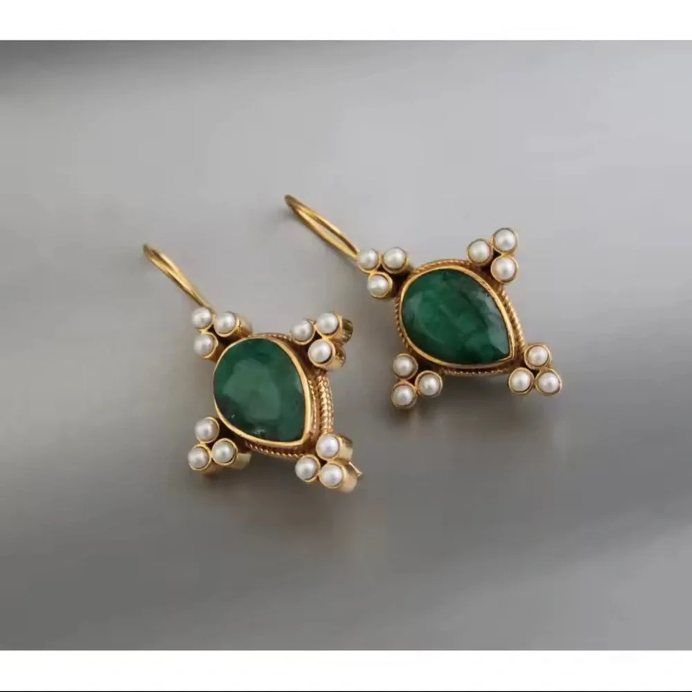 Retro Green Teardrop Earrings with Pearl Cluster Accents - Picture 5 of 8